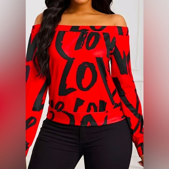 Red & Black “Love” Print Off-Shoulder Long Sleeve Shirt, NWOT - Picture 5 of 5